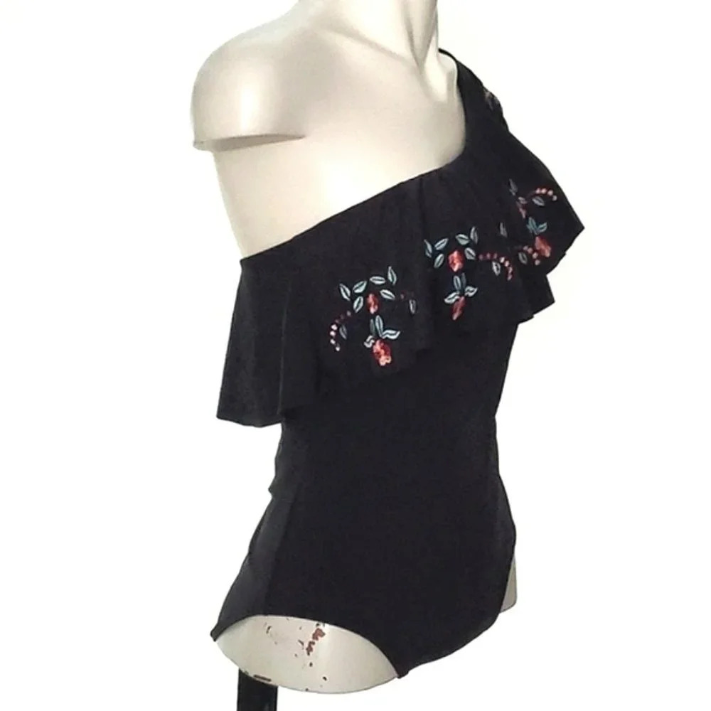 La Vie en Rose One Shoulder Ruffle Embroidered Flowers Black Bathing Suit Size M - Picture 4 of 11
